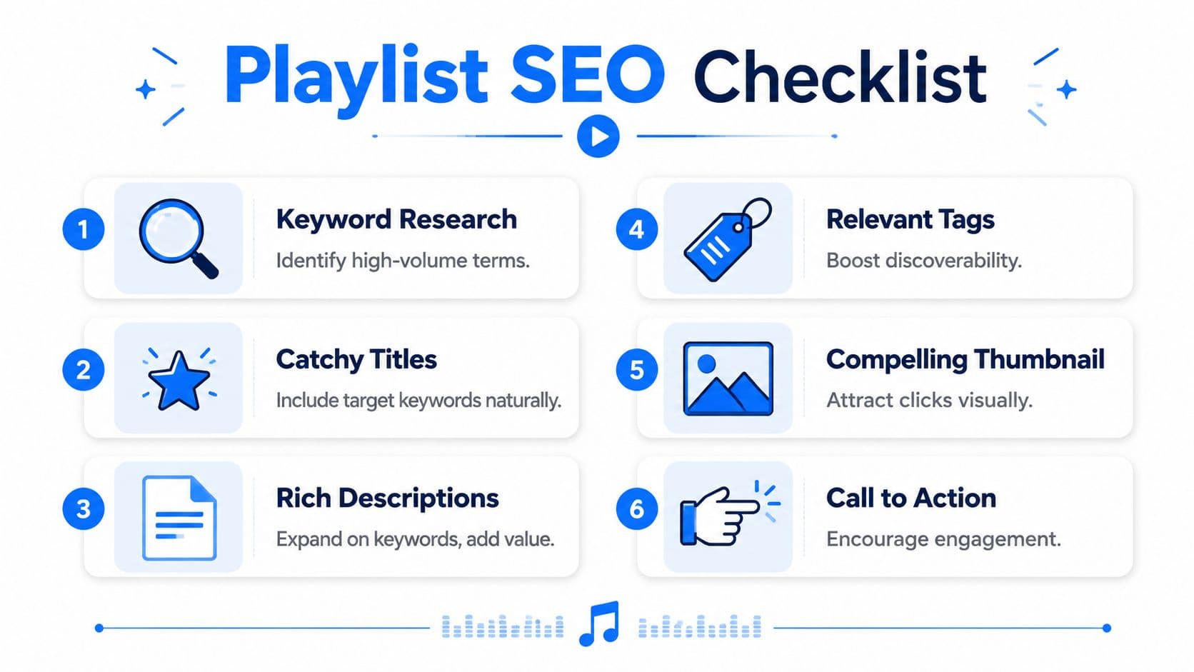 A visual guide titled Playlist SEO Checklist displaying six steps for optimizing YouTube playlists for better discoverability.