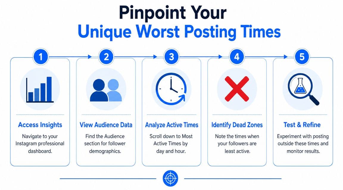 A five-step infographic showing how to identify the worst times to post on Instagram for better engagement.