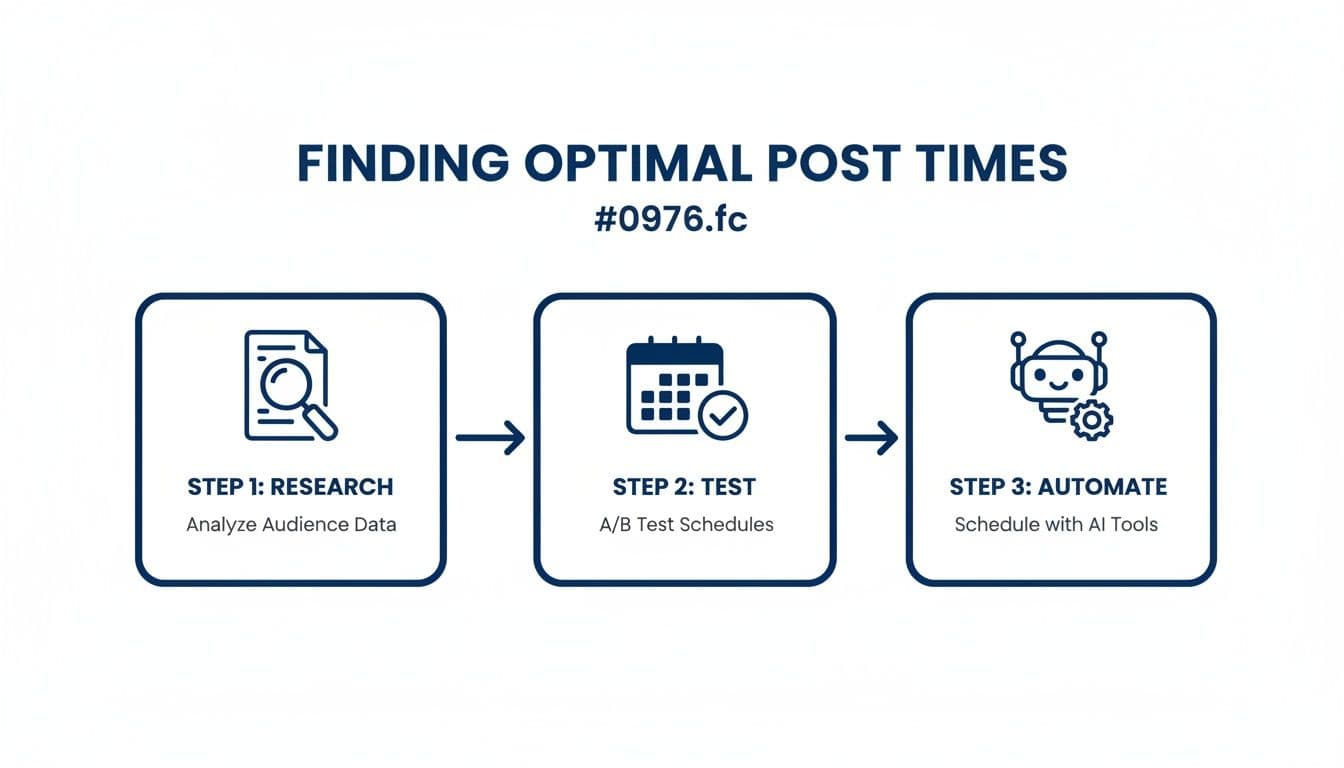 A three-step process for finding optimal social media post times: research, test, and automate with AI tools.