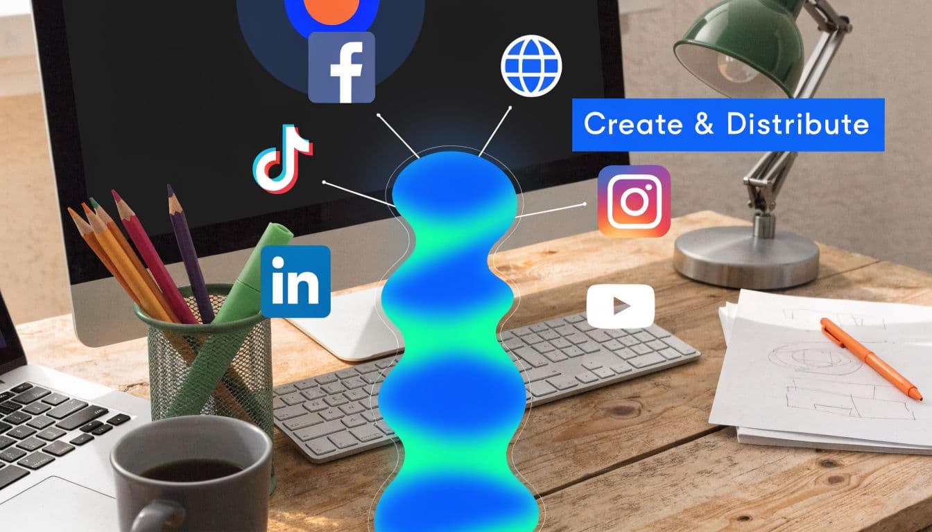 A modern desk workspace with social media icons connected to a central abstract digital graphic design element.