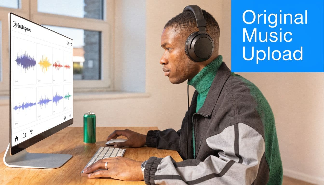 A young man sitting at a desk with headphones, uploading original music to an Instagram interface.