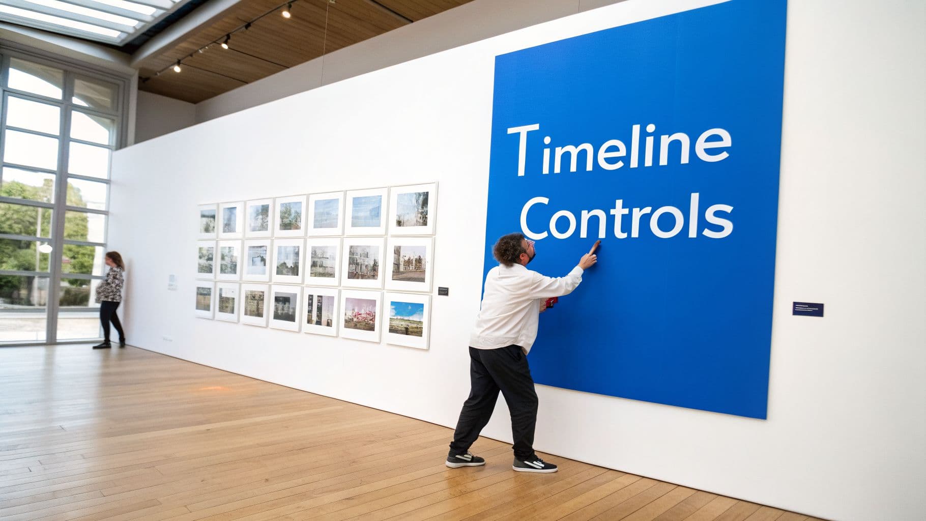 A man points at a large blue "Timeline Controls" sign in a modern art gallery with framed photos.