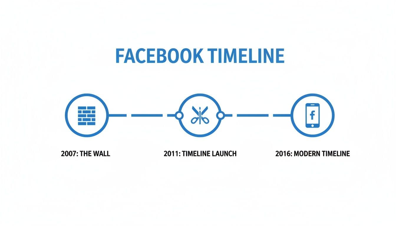 A blue infographic illustrates the Facebook Timeline's evolution from The Wall (2007) to the Modern Timeline (2016).