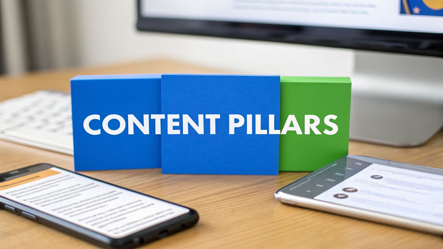 Three colorful blocks spelling 'CONTENT PILLARS' on a desk with a smartphone, tablet, and monitor.