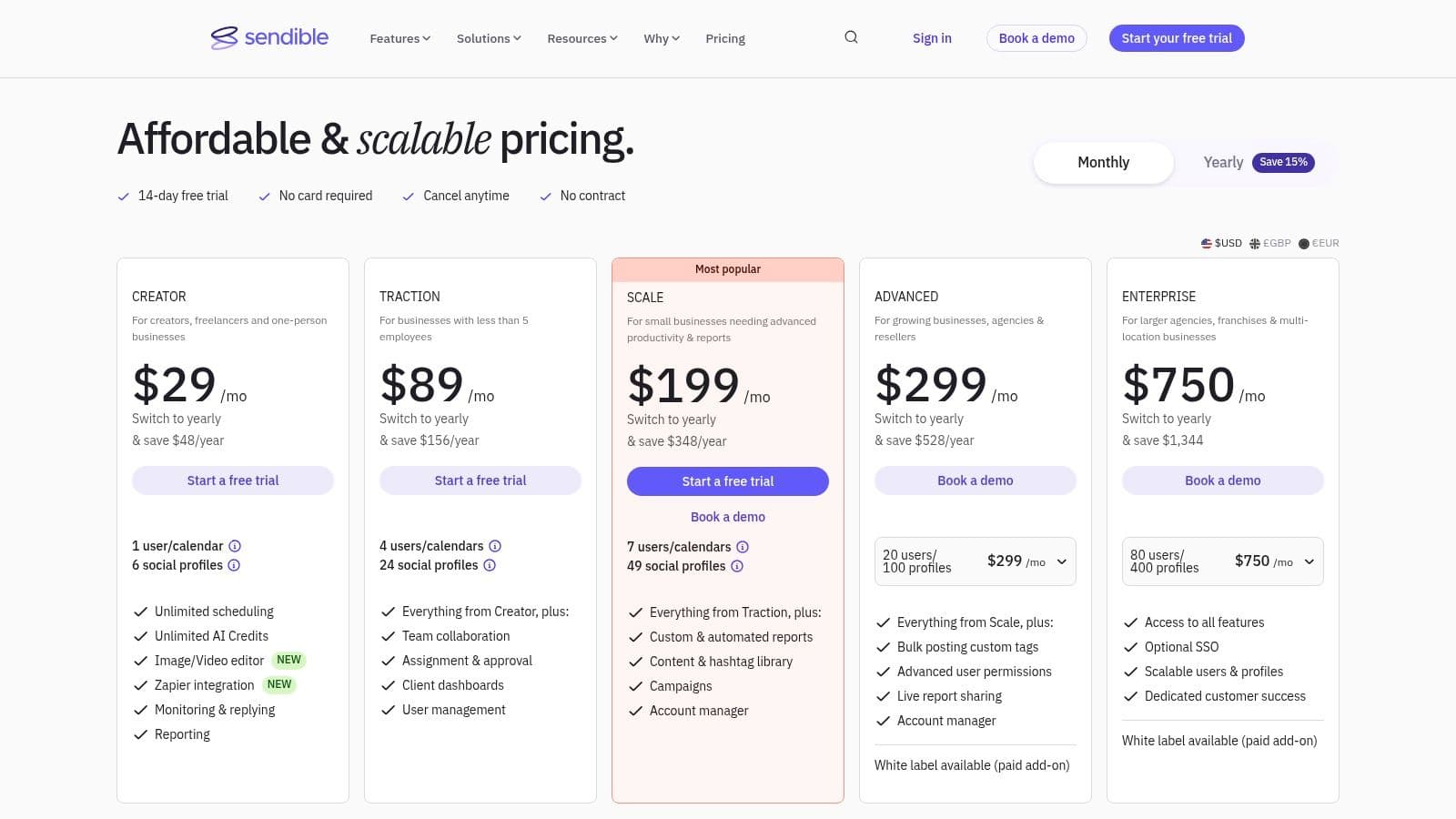 Sendible pricing plans showing Creator, Traction, Scale, and Expansion tiers