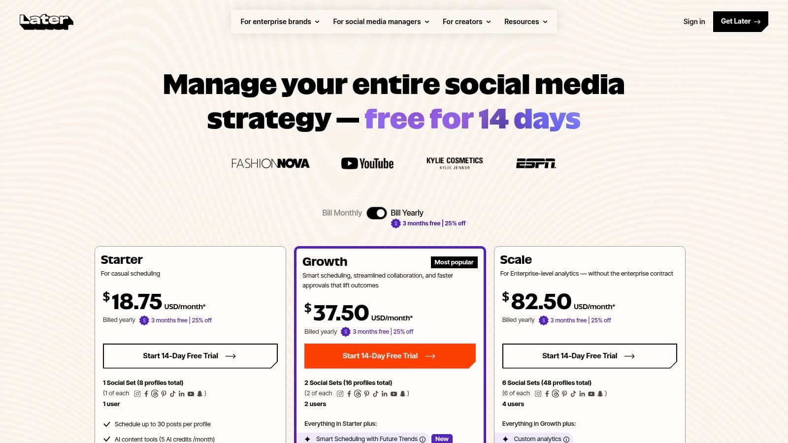Later pricing plans showing Starter, Growth, and Advanced tiers