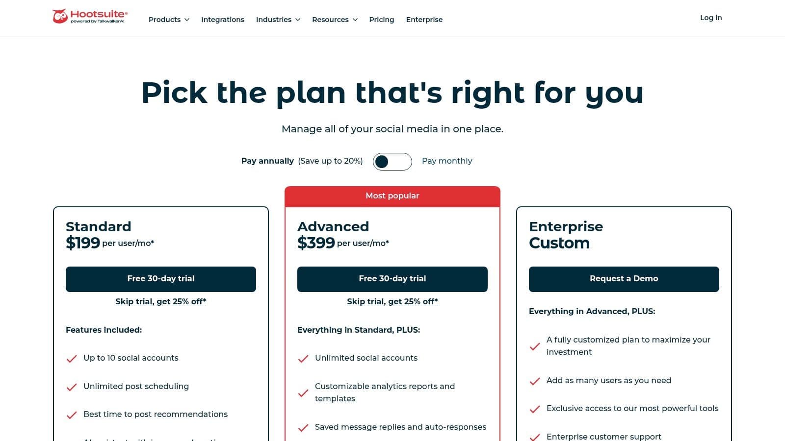 Hootsuite pricing plans showing Team and Enterprise tiers