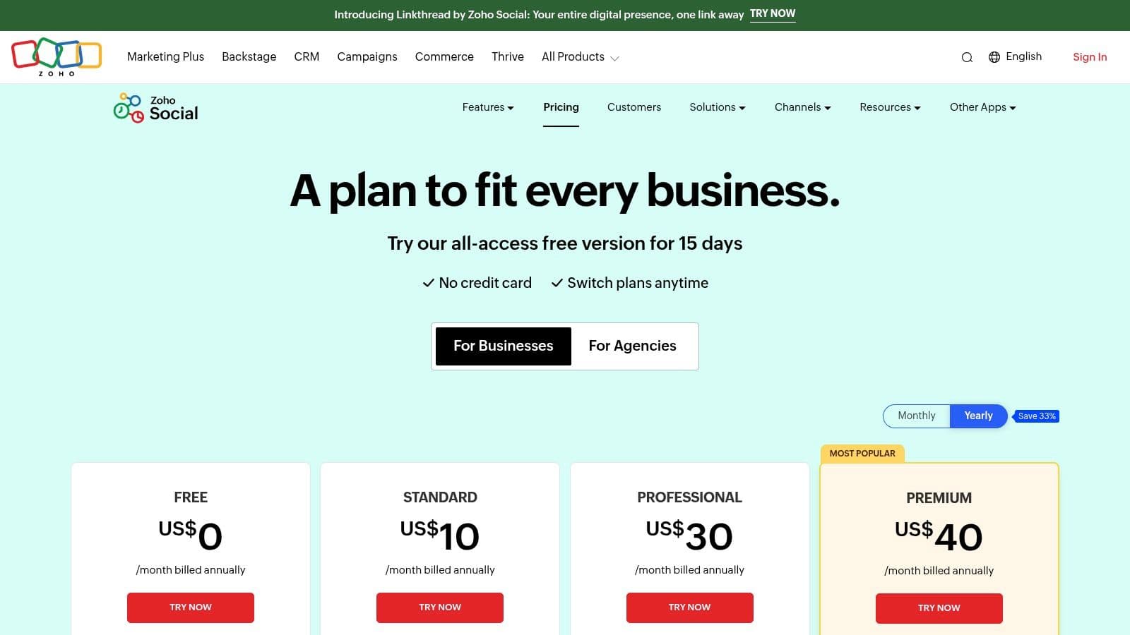 Zoho Social pricing tiers showing free, standard, and professional plans