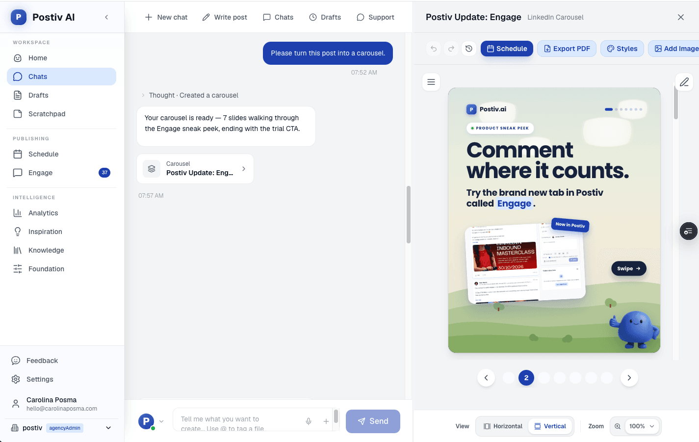 Postiv carousel editor with a branded LinkedIn carousel